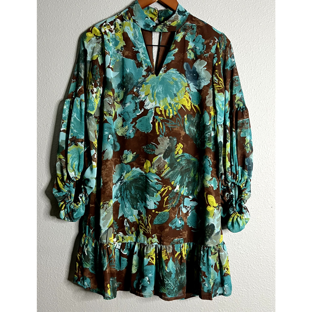 Cato Women XS Turquoise Floral Chiffon Keyhole Dress Drop Waist Puff Sleeve Boho